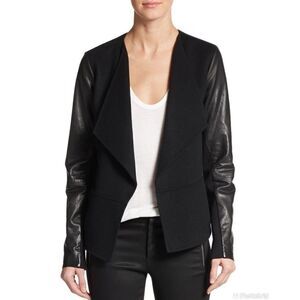 Vince Leather Sleeve Boiled Wool Jacket
